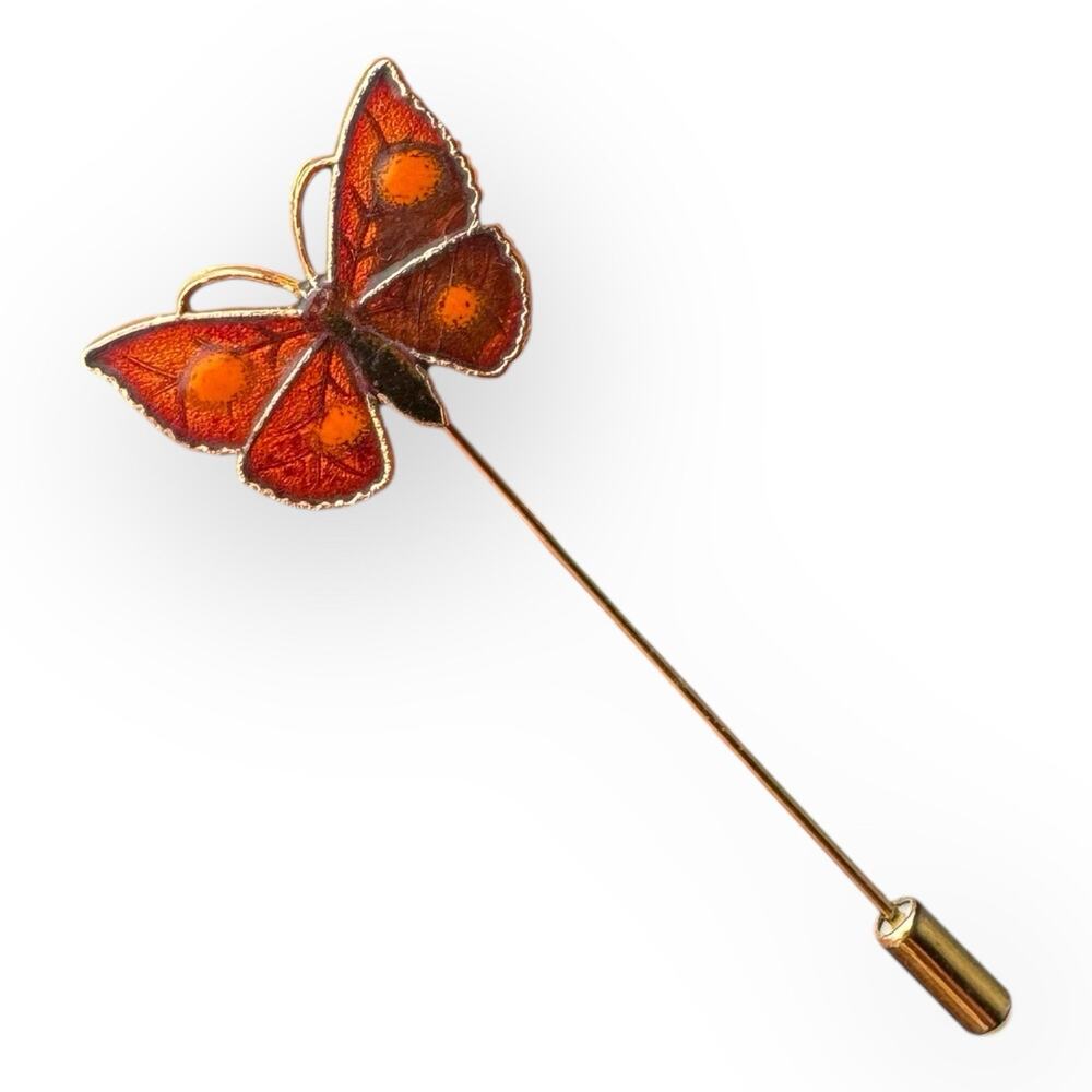 Vintage Enamelโ Butterfly Stickpin Brooch Y2K Fairycore Whimsy Gold-Tone Orange